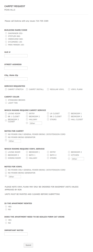 Carpet Order Request Form Template