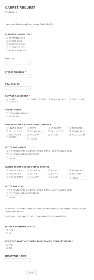 Carpet Order Request Form Template