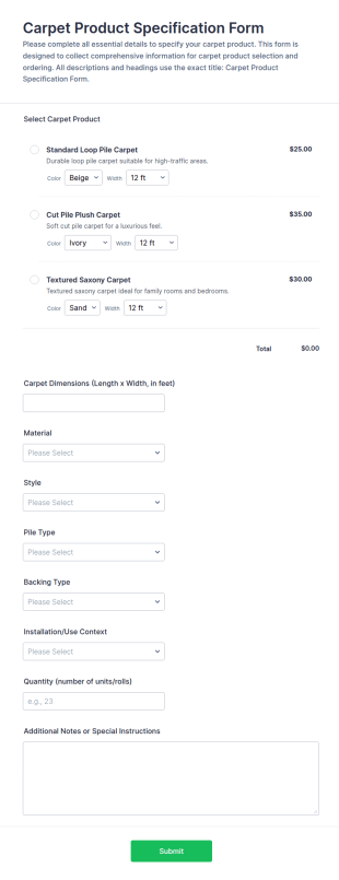 Carpet Product Specification Form Template