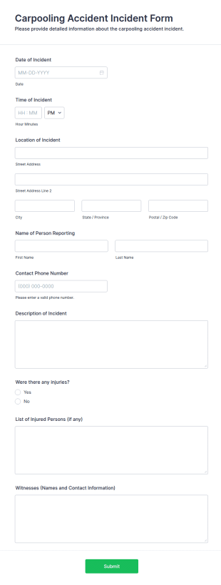 Carpooling Accident Incident Form Template