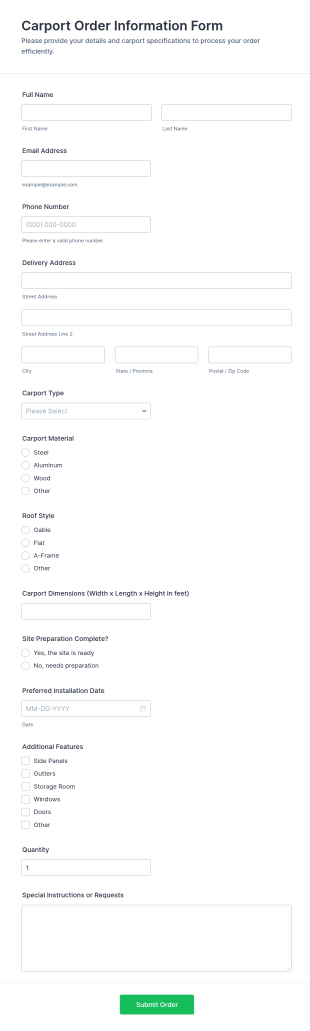 Carport Order Information Form Template