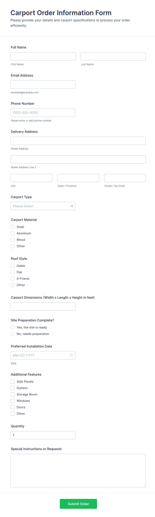Carport Order Information Form Template