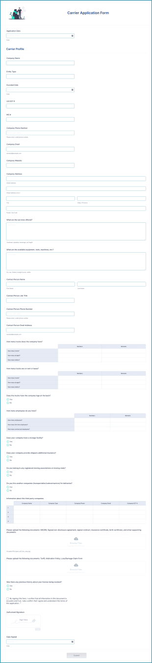 Carrier Application Form Template