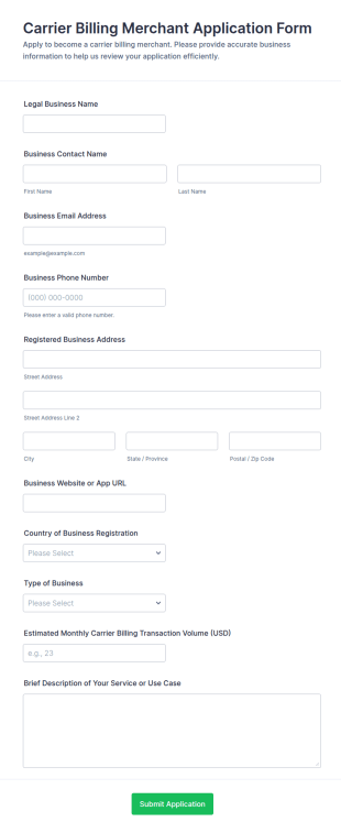 Carrier Billing Merchant Application Form Template