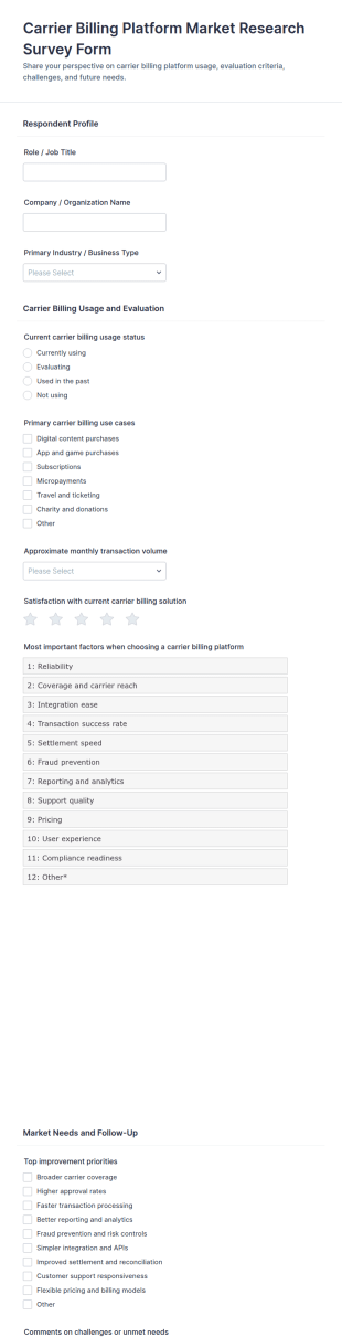 Carrier Billing Platform Market Research Survey Form Template