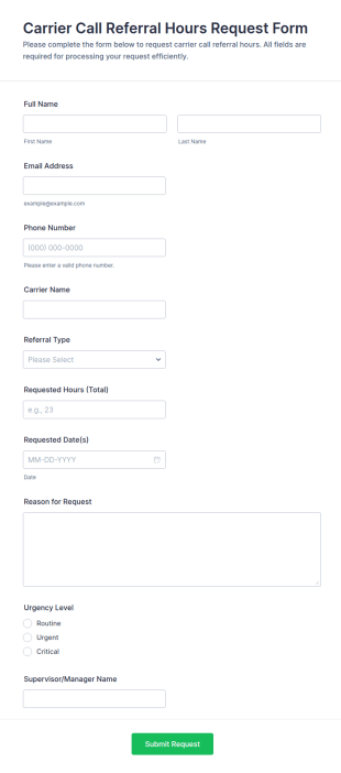 Carrier Call Referral Hours Request Form Template