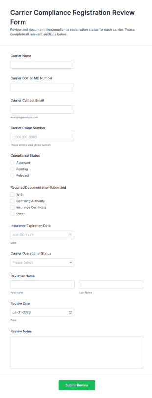Carrier Compliance Registration Review Form Template