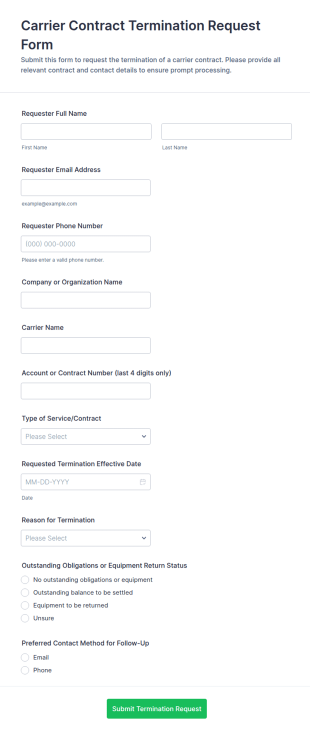 Carrier Contract Termination Request Form Template