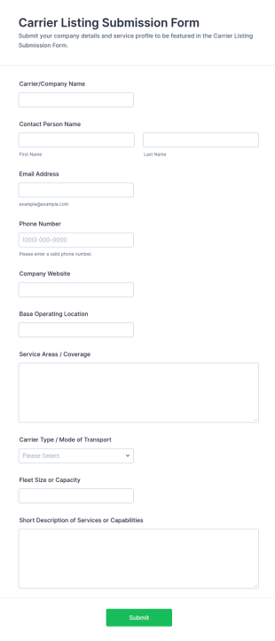 Carrier Listing Submission Form Template