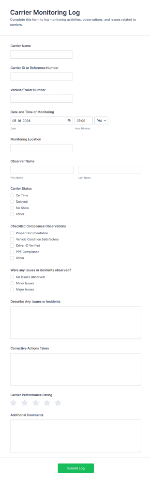 Carrier Monitoring Log Form Template