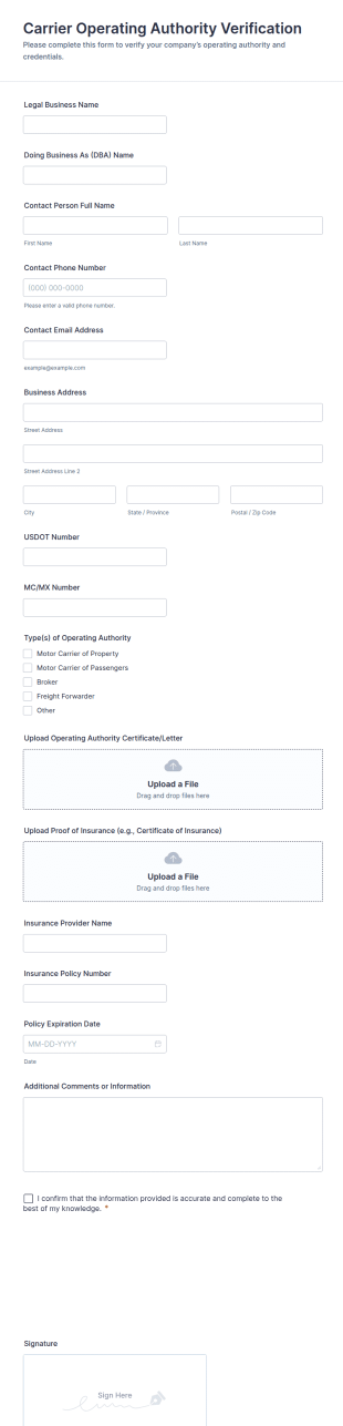 Carrier Operating Authority Verification Form Template