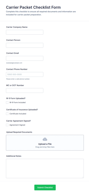 Carrier Packet Checklist Form Template
