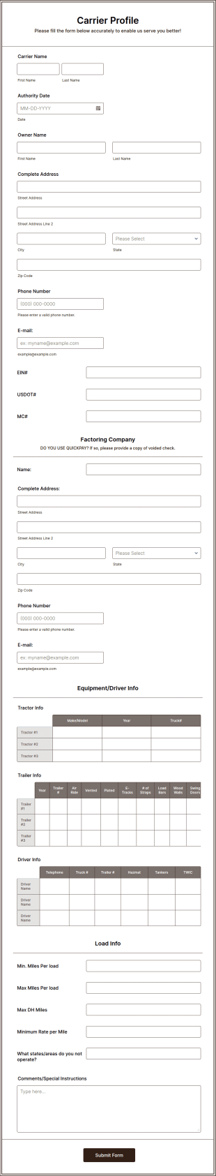 Carrier Profile Form Template