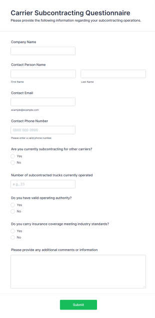 Carrier Subcontracting Questionnaire Form Template