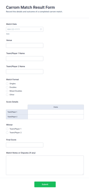 Carrom Match Result Form Template