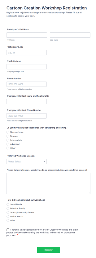 Cartoon Creation Workshop Registration Form Template