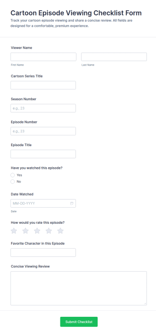 Cartoon Episode Viewing Checklist Form Template