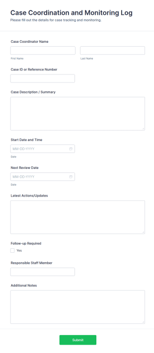 Case Coordination And Monitoring Log Form Template