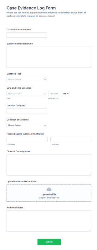 Case Evidence Log Form Template