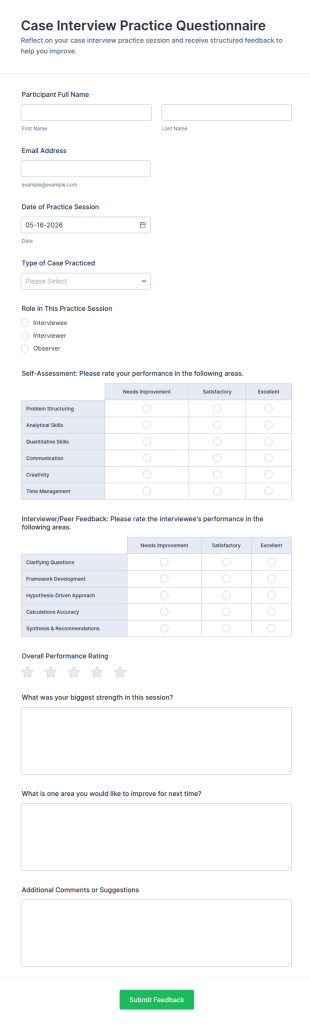 Case Interview Practice Questionnaire Form Template