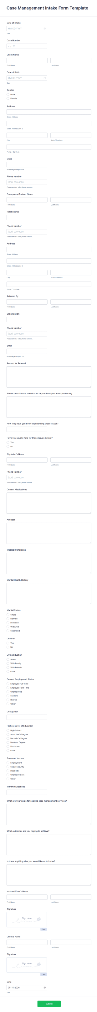 Case Management Intake Form Template
