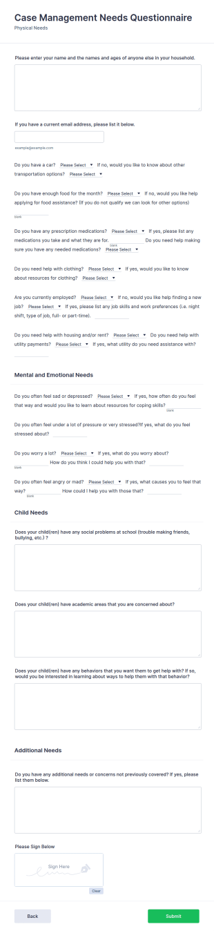 Case Management Needs Questionnaire Form Template