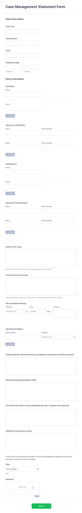 Case Management Statement Form Template