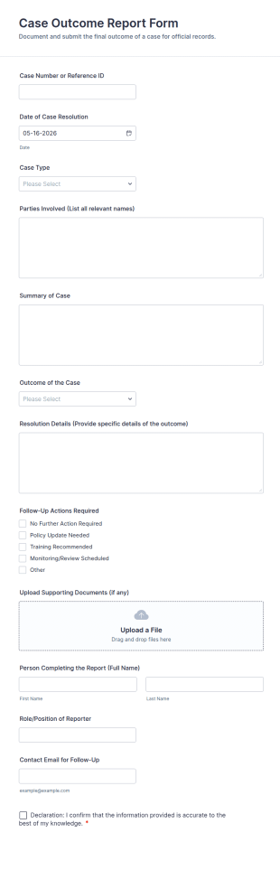 Case Outcome Report Form Template