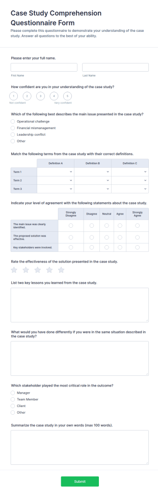 Case Study Comprehension Questionnaire Form Template