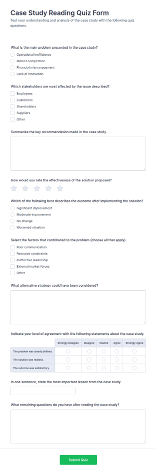 Case Study Reading Quiz Form Template