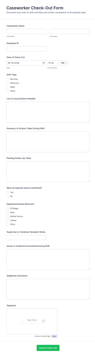 Caseworker Check Out Form Template
