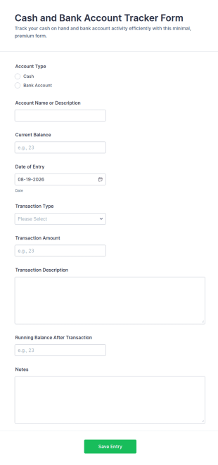 Cash And Bank Account Tracker Form Template