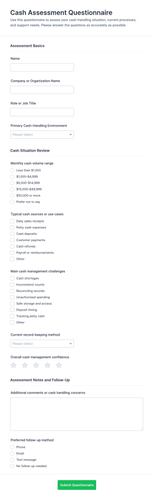 Cash Assessment Questionnaire Form Template