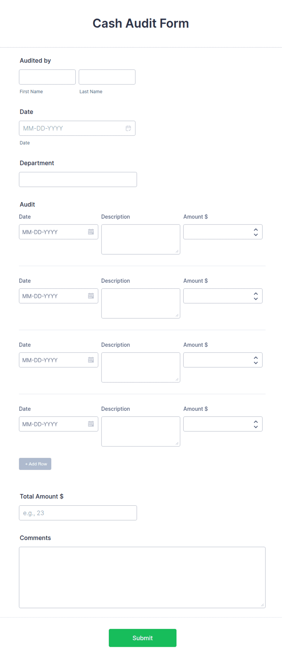 Cash Audit Program Example Cash Audit Form Template | Jotform