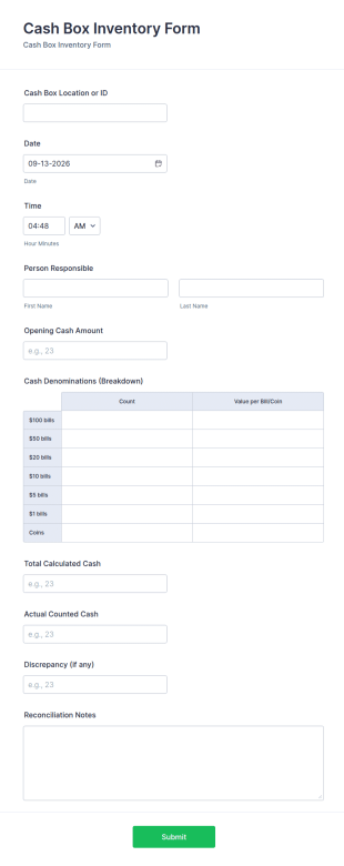 Cash Box Inventory Form Template