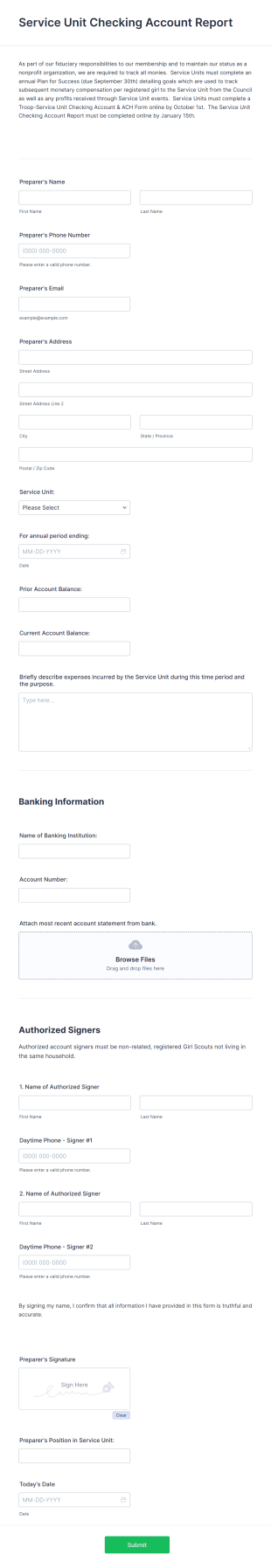 Cash/Checking Account Report Form Template