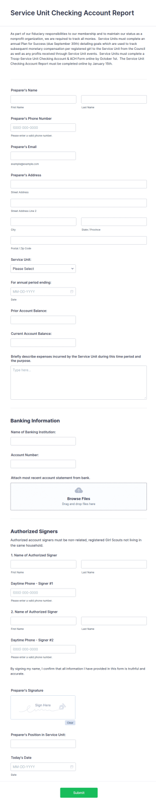 Cash/Checking Account Report Form Template