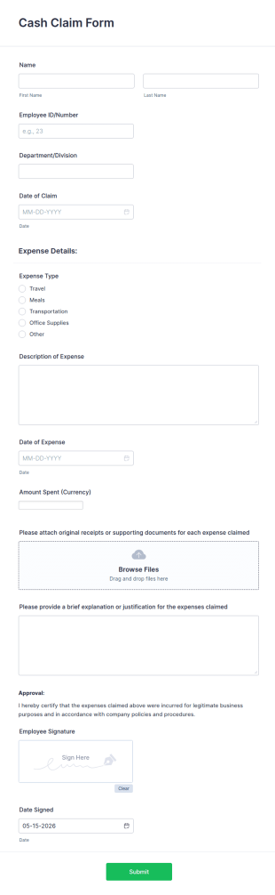 Cash Claim Form Template