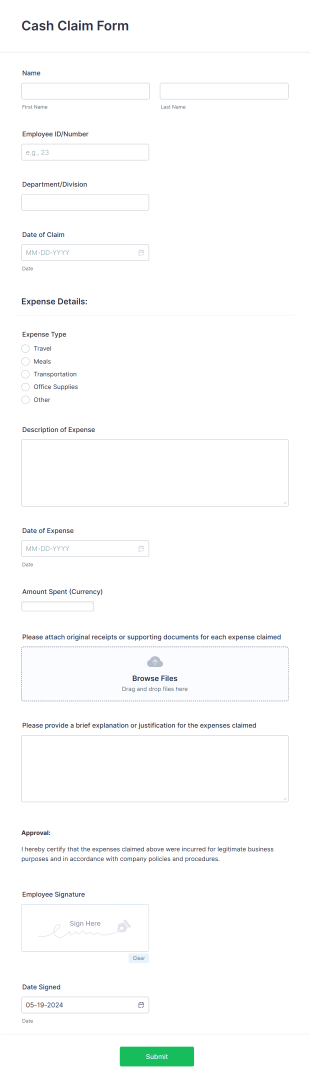 Cash Claim Form Template