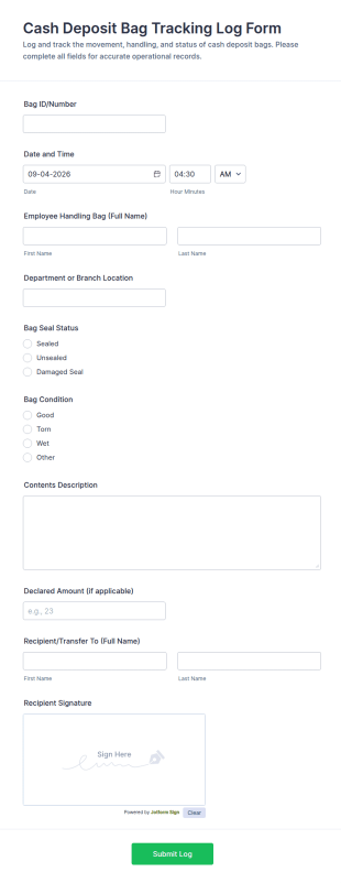 Cash Deposit Bag Tracking Log Form Template