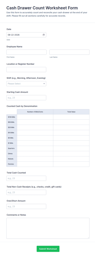 Cash Drawer Count Worksheet Form Template