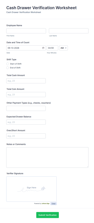 Cash Drawer Verification Worksheet Form Template