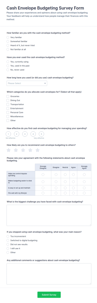 Cash Envelope Budgeting Survey Form Template