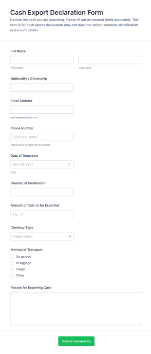 Cash Export Declaration Form Template