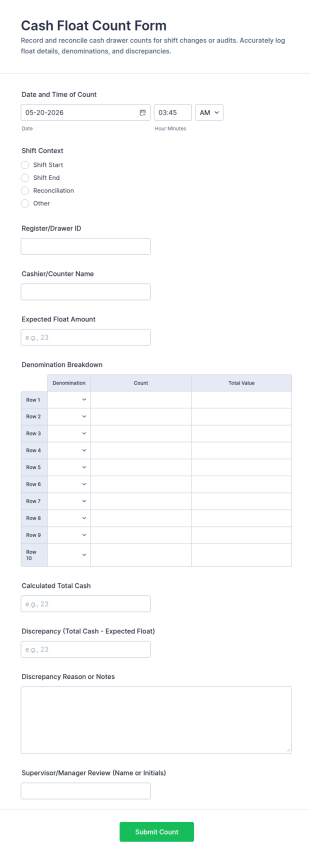 Cash Float Count Form Template