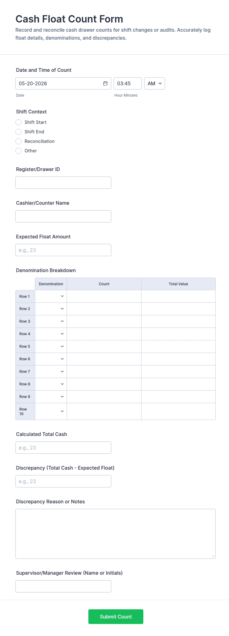 Cash Float Count Form Template | Jotform