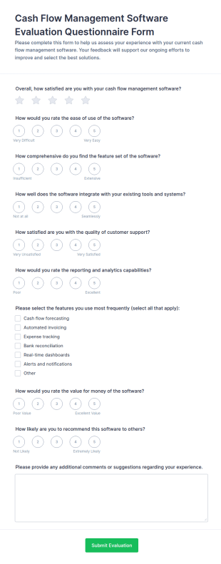 Cash Flow Management Software Evaluation Questionnaire Form Template