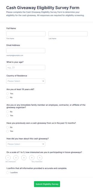 Cash Giveaway Eligibility Survey Form Template