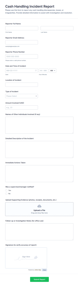 Cash Handling Incident Report Form Template