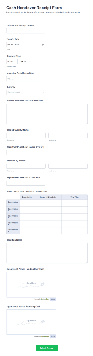 Cash Handover Receipt Form Template